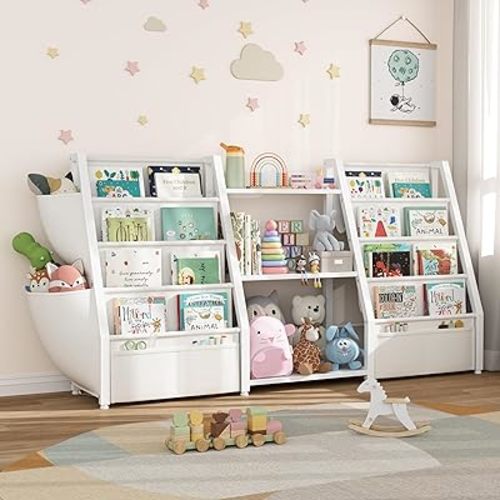 Kids Bookshelf and Toy Storage - Toy Organizer with Book Shelf 3 Tier Floor Small Sling Bookcase Bedroom Nursery Kids Room Playroom, White (KB05-3W)