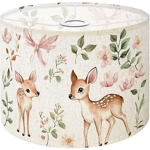 Lamp Shades Large Lamp Shade Baby Deer forest animal watercolor wreath for nursery pink green Linen Shade for Pendant Light Table Lampshade Floor Lampshades Light Cover Set of 1 Replacement