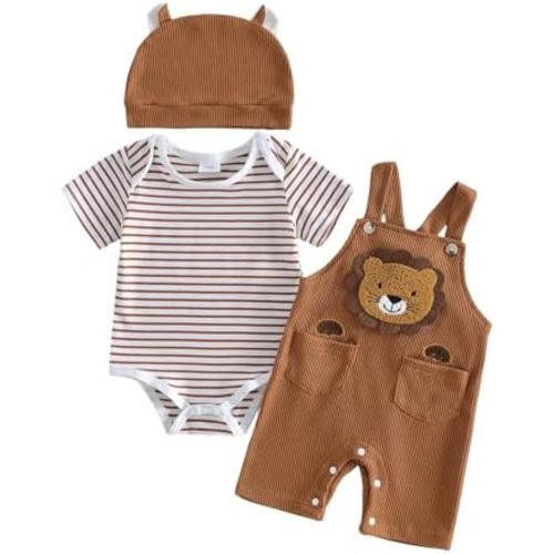 Newborn Baby Boy Fall Winter Clothes Striped Long Sleeve Romper Overall Pants Hat 3Pcs Set Cute Coming Home Outfit