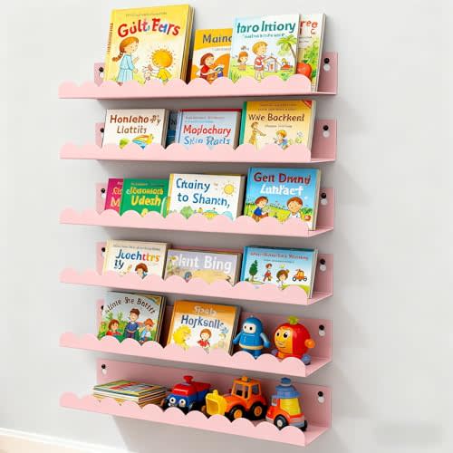 Nursery Book Shelves Set of 6, Pink Metal Floating Shelves for Wall, 16 Inch Scalloped Book Shelf for Kids Room, Bathroom, Bedroom, Playroom Wall Decor & Storage