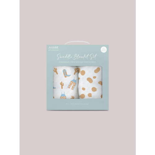 JuJuBe x Studio Oh! 2-Pack Square Swaddle Blanket Set - Howdy Partner Blue