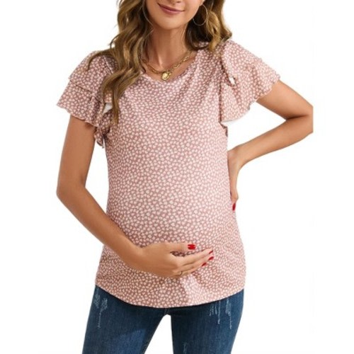 Maternity Tops Women's Flying Short Sleeve Stylish T Shirt Casual Pregnancy Clothes Pink M