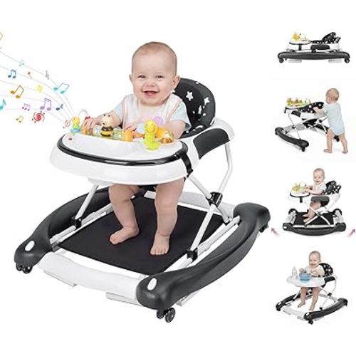 5 in 1 Baby Walker, Music and Lights Foldable Baby Walker with Wheels, 3 Adjustable Heights, with Bouncer Combo (Black)