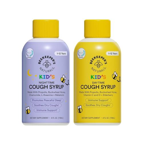 1+ Beekeeper's Naturals Kids Honey Cough Syrup – Day & Night Value Pack – Immune Support with Elderberry, Vitamin C, D, Propolis & Raw Honey – Soothing, Clean Ingredients – Two Pack, 2 x 4 fl oz