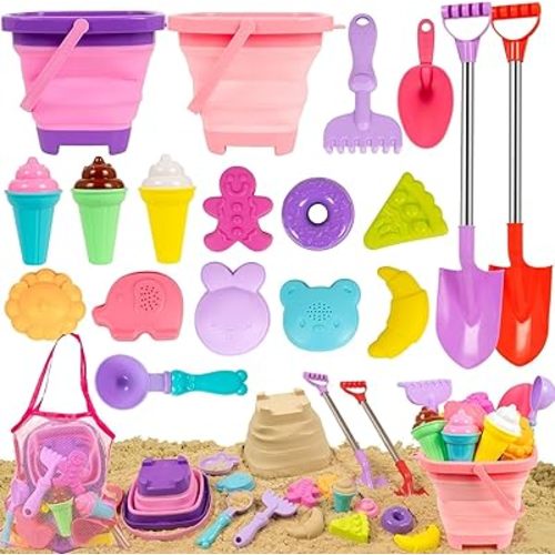 Beach Sand Toys Set Includes Collapsible Buckets 2 Big Size Sand Shovels, Rake, Animal Sand Molds Toys with Mesh Bag Silicone Pail, Sandbox Kit for Kids Age 3+ (19 PCS)
