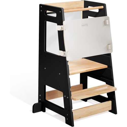 Toddler Kitchen Stools Helper with Adjustable Height and Anti-Slip Protection, Kids Standing Tower with Safety Rail, Kids Montessori Stool with Learning Chalkboard, Black