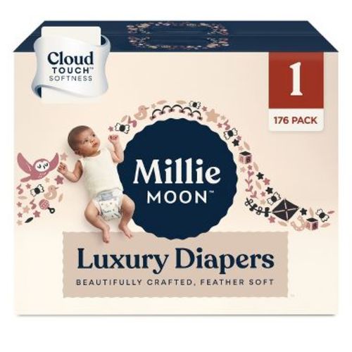 Millie Moon Luxury Disposable Diapers - Size 1 - 176ct: 6 to 11 lbs, Wood Fluff Pulp, White