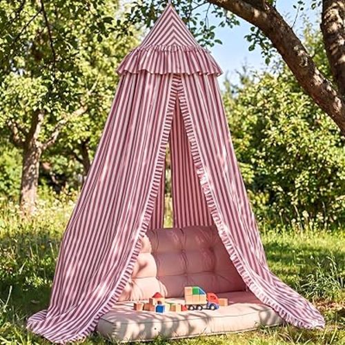 SmoothNovelty Red Striped Bed Canopy with Ruffles