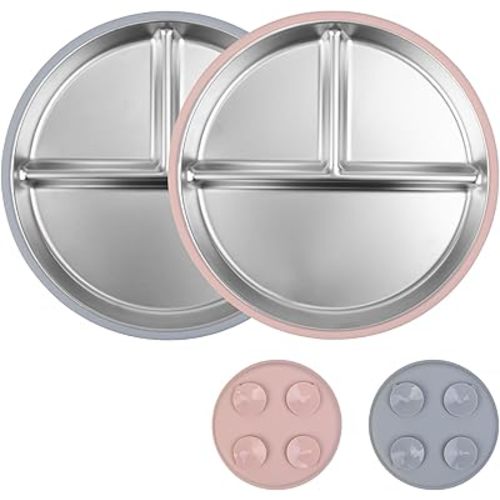 ShineMe Stainless Steel Kids Plates 2 Pack, 9”Suction Plates for Baby with Removable Colored Silicone Sleeves, Unbreakable Toddler Divided Plate Non Toxic for Snack, Meal...