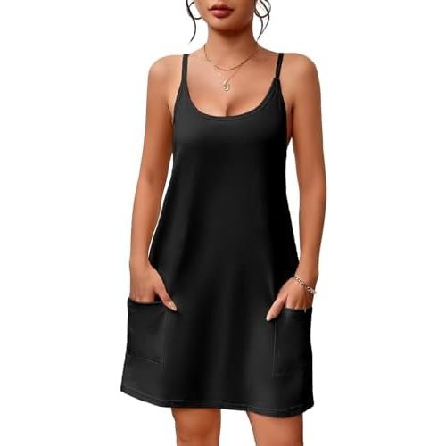 Ekouaer Nightgowns for Women Cotton Sleepwear Sexy Sleep Shirt Adjustable Spaghetti Strap Night Gowns with Pockets S-3XL