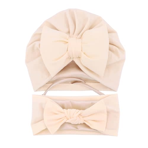 Jomila Bundle of Bonnet and Headband for Baby Newborn Silk Satin Lined Beanie Toddler Infant Girls Adjustable Hat 0-6 Months