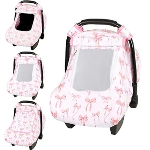 Baby Car Seat Cover, Windproof Carseat Cover for Infant Girls, Infant Warm Carseat Canopy with Double Layer Fabric for Winter, Compatible with Most Baby Car Seat, Bow