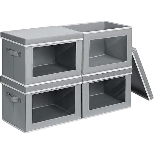 Storage Bins with Lids - Fabric Closet Storage Bins with Window, Collapsible Baskets for Shelves 4 Pack, Home Decorative Boxes for Clothes, Closet, Office, Grey