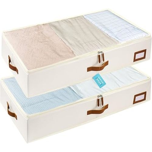 OrganiHaus Under Bed Storage Containers, Bedroom Storage and Organization Bins, Clothes Organizer for Closet with Clear Cover and Reinforced Handles - Set of 2 33x17x6 inches Off-White
