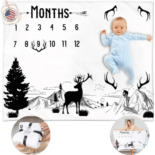 Baby Boy Milestone Blanket – 50x40, Soft Fleece, Woodlands Deer & Mountain Theme, Black & White Rustic Design, Includes Felt Frame, Monthly Growth Photos, Newborn Gift & Baby Shower