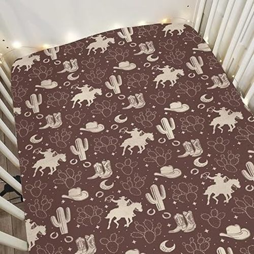 Vintage Western Cowboy Baby Crib Sheets for Boy Girl 52"x28" Cowboys Boots Hat Horse Cactus Moon Soft Snug Fitted Crib Mattress Cover Wild West Desert Baby Sheet for Standard Crib & Toddler Mattress