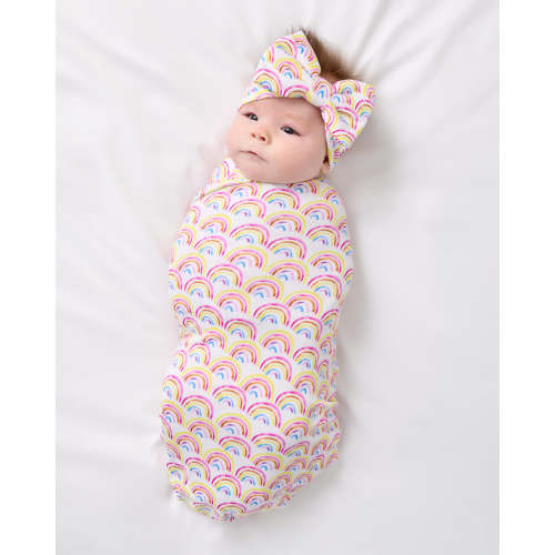 Pastel Rainbows Swaddle & Luxe Bow Headband Set - Little Sleepies