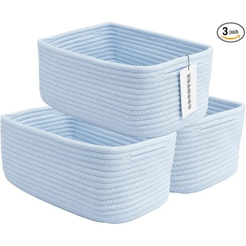 XUANGUO Small Woven Storage Baskets 12“X8”X5“ Decorative Rope Bins for Organizing Shelves, Closets, and Toys, Empty Gift Baskets, Cute Organizer Basket for Home and Office (blue, regular)