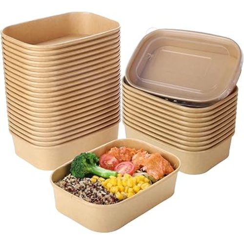50 Sets 17oz Disposable Kraft Paper Bowls with Lids, Rectangle Paper Food Containers with Lids, Salad Bowls for Hot/Cold Food, Soup, Meal Prep, Ice Cream, Takeout, Party Supplies(500ml)