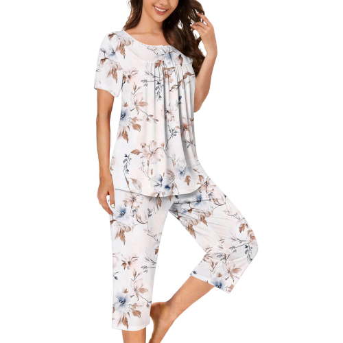 Tnhcen 2 Pieces Cotton Summer Pajamas for Women Set Short Sleeve Sleepwear Tops with Capri Pants Pj Set S-3XL