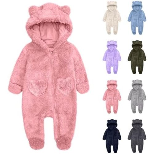 Newborn Baby Bear Outfit With Footies Girls Boys Winter Fleece Clothes Hooded Romper Snowsuit Outwear