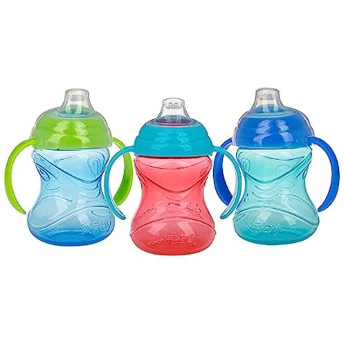 Nuby Clik-It Grip N' Sip Soft Spout No-Spill Training Sippy Cup with Handles - (3-Pack) 10 oz - 4+ Months - Blue/Green/Red
