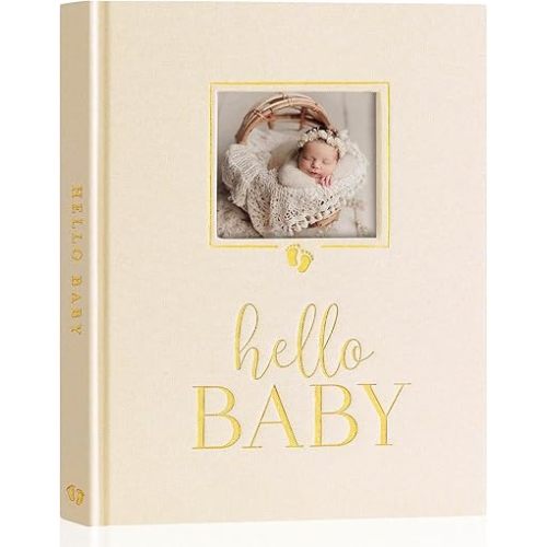 Lanpn Newborn Baby Memory Book, Baby First 5 Year Keepsake Gift with DIY Window, Linen Baby Memories Journal Scrapbook Photo Book, Baby Milestone Album for Boy Girl New Parents (Beige, 154 Pages)