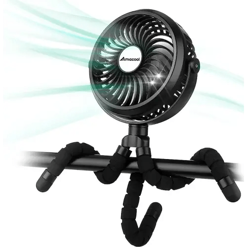 AMACOOL Battery Operated Stroller Fan Flexible Tripod Clip On Fan with 3 Speeds and Rotatable Handheld Personal Fan for Car Seat Crib Bike Treadmill (Black)