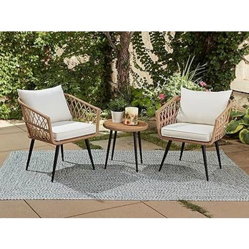 Quality Outdoor Living 65-YZ03HM Hermosa 3 Piece Chat Set, Aluminum Frame + Tan Wicker + Linen Cushions