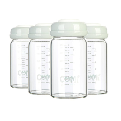 COMI Wide Neck Glass Breastmilk Collection n Storage Bottle, 4 Packs, 6oz with Screw Ring Sealing Disk; Re-markable Sealing Disc. BPA Free, Fits Breast Pumps & Nipples (4 Gray Lids)