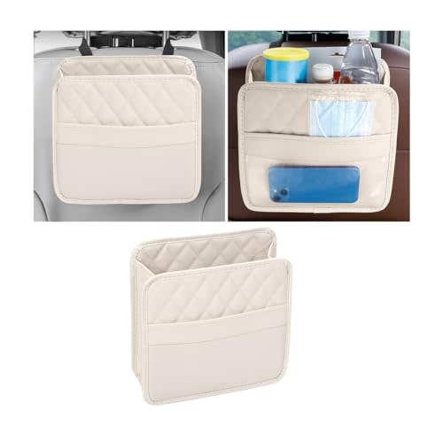 Mandark Car Seat Back Organizer, PU Leather Vehicle Backseat Hanging Storage Pocket, Multipurpose Auto Travel Essentials Accessories for Kids & Adults, Universal for Most Cars (Beige)