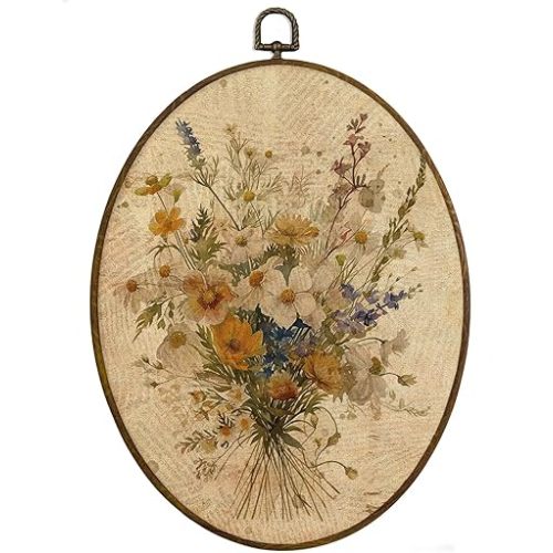 MAQIKA Bohemian White Flower Oval Framed Wall Art Decor, Botanical Wall Art, Floral Bouquet Oval Wall Hanging Decor, Vintage Wildflower Canvas Prints Wall Art for Nursery Room Bedroom, 8.7x11.3 Inch