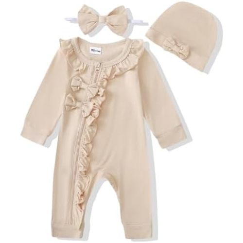 Mikrdoo Newborn Infant Baby Girl Clothes Fall Winter Outfits Long Sleeve Zipper Rompers with Headband