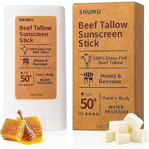 Beef Tallow Sunscreen Organic Stick SPF 50 – Tallow-Based Mineral Sunscreen with Honey & Beeswax for Face & Body, Water-Resistant Natural Sunblock, 0.53 oz