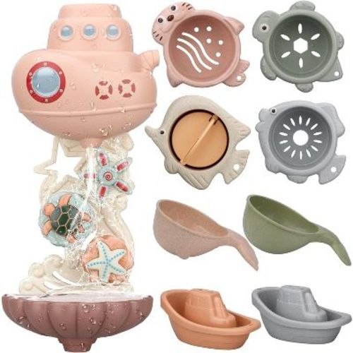 Etokfoks 9 Piece Baby Bath Toys Set Waterfall Station with 2 Whale Spoons 4 Stacking Cups 2 Boats for Kids Ages 1 to 3 Toddlers 2 to 4
