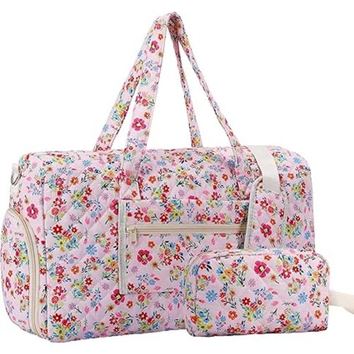 Large Floral Quilted Duffle Bag Coquette Pink Floral Portable Gym Lightweight Weekender Bag for Women with Makeup Pouch with Dry and Wet Separation for Women Travel Hospital