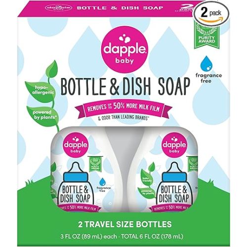 Dapple Baby Fragrance-Free Baby Bottle & Dish Soap - (2 Pack) 3 fl oz - Plant-Powered Cleaner for Bottles, Pump Parts, and Sippy Cups - Travel Size