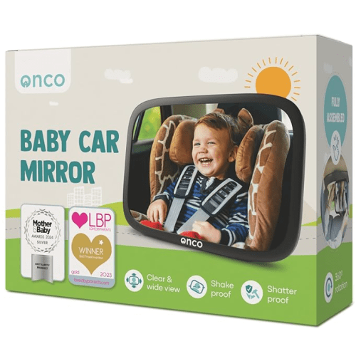 Onco Baby Car Mirror Rear Facing - Double Award-Winning Convex Car Mirror for Baby, 100% Shatterproof & Shakeproof with 360° Rotation, Newborn Essentials (9.6 x 6.9 in)