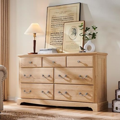 T4TREAM 7 Drawers Dresser Chests for Bedroom, Wood Vintage Chests of Drawers, Rustic Dressers Chset Organizer for Bedroom, Living Room, Hallway, Natural Oak