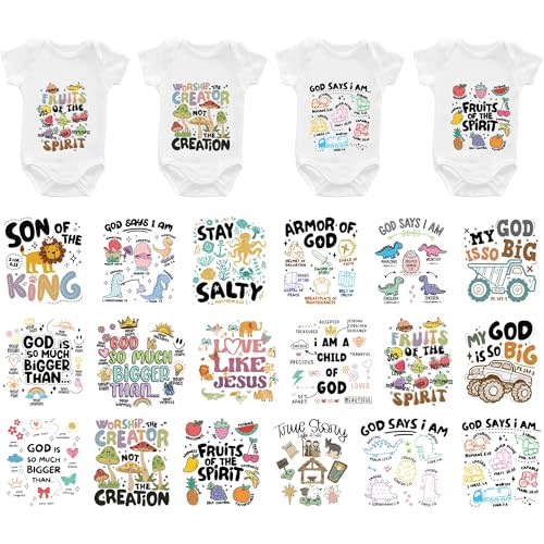 Christian Baby Iron on Transfers, Onesie Decorating Decals for Baby Shower | 18 Pcs Christian Heat Transfer Decals for Onesies, Baby Shower Decorating