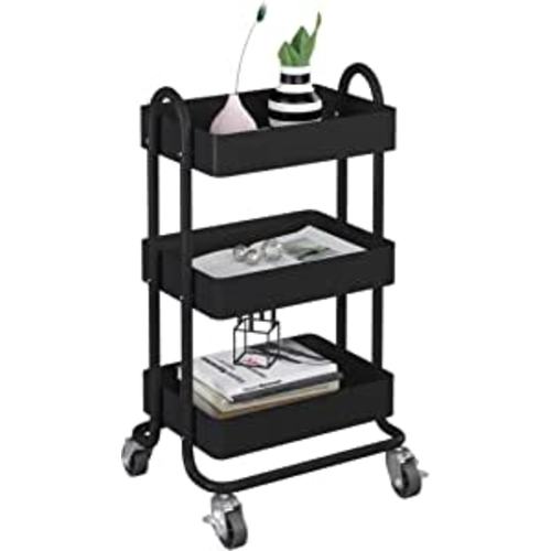 MIOCASA 3-Tier Metal Utility Rolling Cart, Heavy Duty Multifunction Cart with Lockable Casters, Easy to Assemble, Suitable for Office, Bathroom, Kitchen, Garden (Black) : Office Products