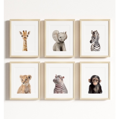 The Baby Animals 2026 Collection - Build Your Own Gallery Wall: $367.20 Total · 12x16 Framed · Natural · With Mat · 6 prints · Giraffe: Classic, Elephant: Classic, Zebra: Classic, Lion: Classic, Hippo: Classic, Chimpanzee: Classic