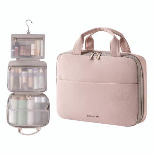 Travel Toiletry Bag for Women, Hanging Makeup Organizer with 3-Tier Compartments, Large Capacity Waterproof Cosmetic Case, Soft PU Leather Travel Essentials (Mist Rose)