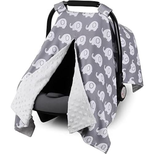Rquite Car Seat Cover Baby, Carseat Covers for Boy Girl, Minky Infant Car Seat Cover Winter, Peekaboo Opening Car Seat Canopy, Multiuse Baby Carrier, Stroller, Nursing Cover, Minky Blanket, Elephant