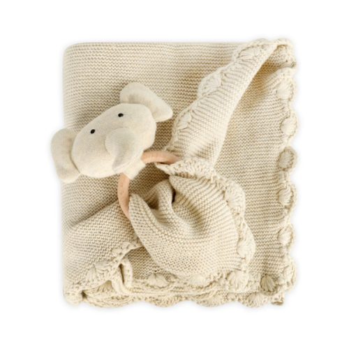 Scallop Edge Classic Knit Baby Blanket + Elephant Rattle Gift Set (Org