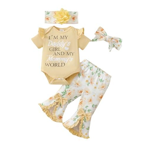 SUNNY PIGGY Newborn Baby Girl Clothes Infant Outfits Romper Floral Fall Outfit Bell Bottoms Pant Sets Hat Headband Flowerpant