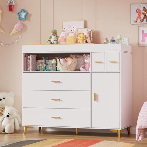 PAKASEPT Changing Table with Drawers, Changing Table Dresser with 5 Drawer & Cabinet