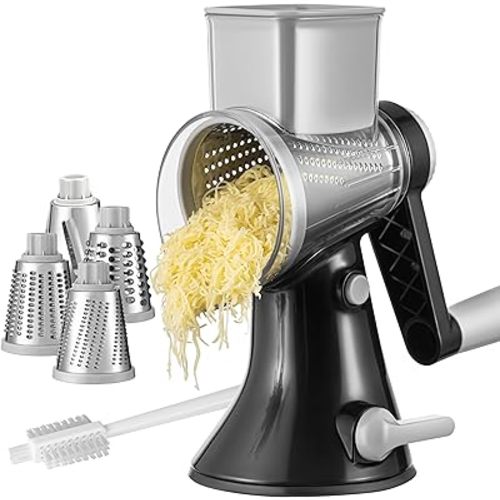 Brieftons 4-Blade Rotary Cheese Grater, Kitchen Food Grater with Handle, Mandoline Vegetable Slicer, Garlic Grater, Nut Grinder, Grater for Cheese, Vegetables, Fruits, Nuts, Easy to Use, Clean & Store