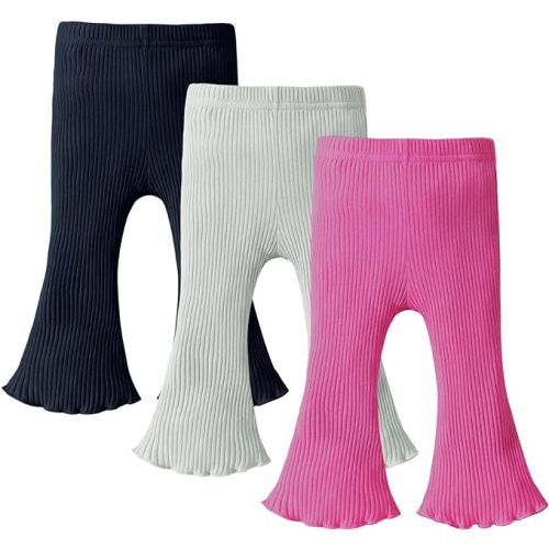 DREAM BUS 3 Pack Baby Girl Pants Toddler Leggings Solid Ribbed Cotton Baby Girls Flare Pants Toddler Bell Bottoms