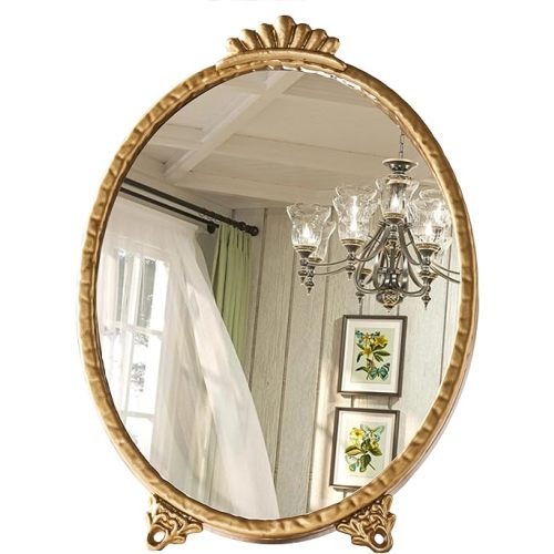Small Vintage Baroque Style Wall Mounted Vanity Mirror Oval Iron Frame Glass Tabletop Mirror,11.0" L x 7.9" W Gold.